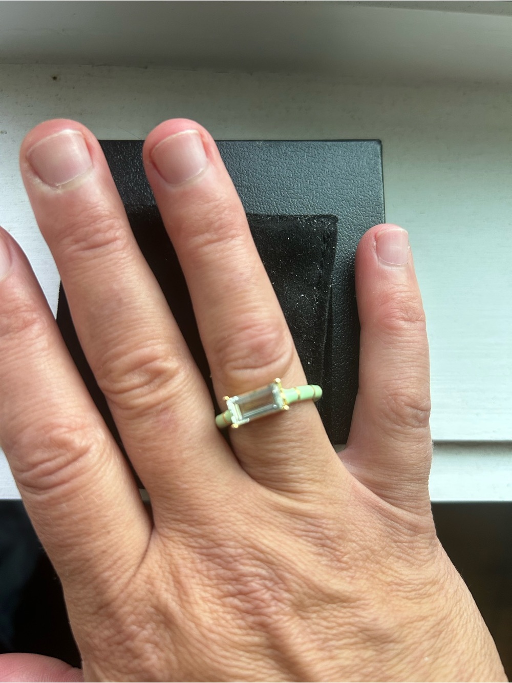 Ross-Simons Gold Ring with Mint Green Enamel and Clear Baguette Stone Size 8